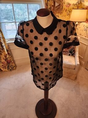 Glamorous Black Sheer Polka Dot Blouse with Peter Pan Collar